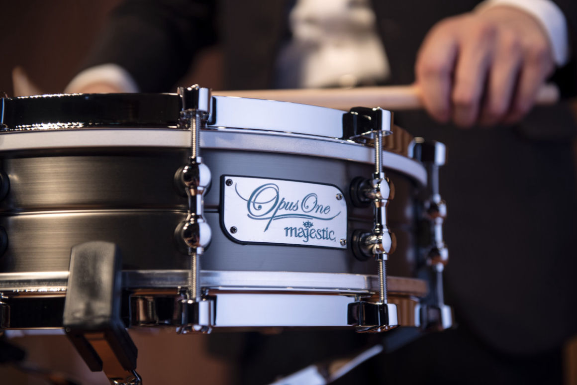 Opus One snare drum played with Majestic logo in front.